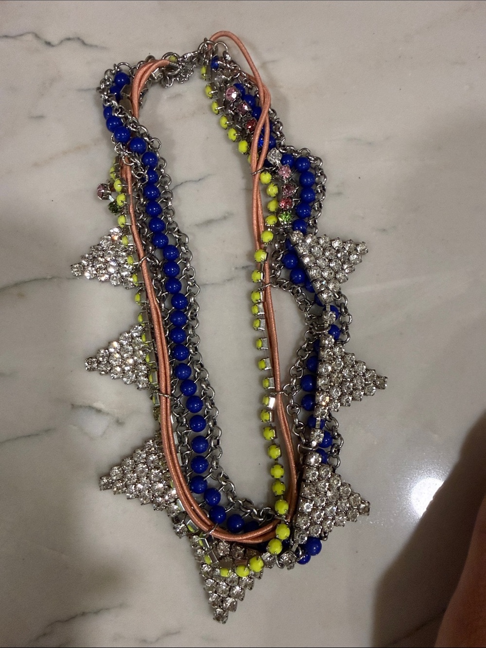 Multistrand Rhinestone & Bead Necklace in Blue, Neon Yellow & Pink